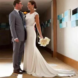 Koronki Zakłopotane Rękawy Suknie Ślubne Open Back Jewel Neck Suknie Ślubne Mermaid Long Party Formalne Kobiety Robe De Marrige