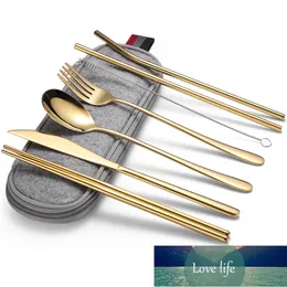 Rostfritt stål porslin set Portable Gold Kök Tillbehör Knivgaffel Spoon Chopsticks Straw Cutlery 7piece Designs Set Fabrikspris Expert Design