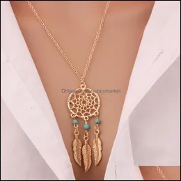 Wisiorek Naszyjniki Wisiorki Biżuteria Moda DreamCatcher Mandala Naszyjnik Lotus Tassel Pióro Długi Sweter Łańcuch Charm Dream Catcher Drop