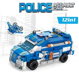 12 I 1 Police Assault Car Kits Model Policeman Militära lastbil Byggnadsblock Bricks Action Figure Toy for Children