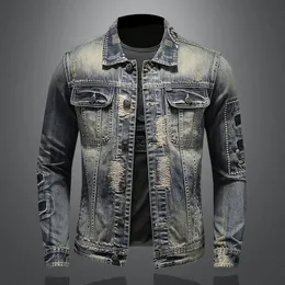 Ripped Holes Denim Jacket Tops Vintage Slim Fit Outerwear Fashion Coats For Man Windbreaker Cowboy Overcoat Motorcycle Biket Jackets Streetwear Wholesale