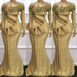 2021 Bling Sexy Prom Klänningar för Kvinnor Guld Sequined Långärmade Av Skulder Sequins Lace Appliques Crystal Beaded Formal Afton Dress Wear Party Gowns With Bow
