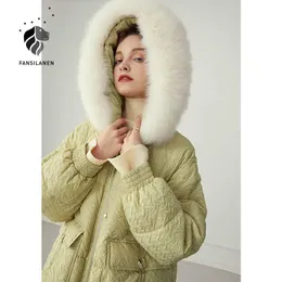 FANSILANEN Echtpelzkragen Eleganter langer Daunenmantel Frauen 3D-Druck Thermal Winter Weiße Jacke Weibliche grüne Feder Puffermantel 210607