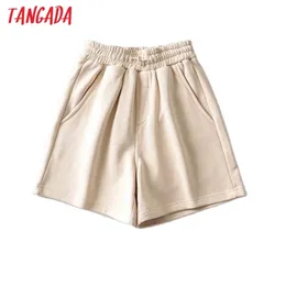 Tangada 여성 코튼 반바지 높은 허리 버튼 포켓 여성 레트로 기본 캐주얼 pantalones 2T5 210719