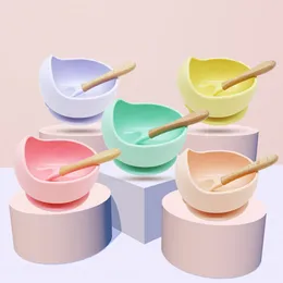 Louça de bebê conjuntos Silicone tigela colher infante infantil alimentando cutlery copo de sucção Complementar alimentos à prova de gota_xm