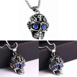 Vintage Men's Stainless Steel Pendant Necklace Gothic Crystal Eyes Skull Punk Rock Hip Hop with 60cm Rolo Chain