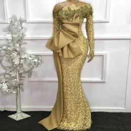 2022 Elegant African Long Lace Mermaid aftonklänningar Guld Se genom full ärmar pärlor prom klänningar mantel de soiree 328 328