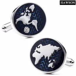 Hawson Classic Style Cufflinks Mapa świata imitacja Rodium z niebieskim mankietem Emalia Linki do Męskie French Cuffs / Koszulki Akcesoria