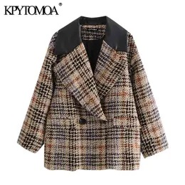 Women Fashion Patchwork Check Loose Tweed Blazers Coat Long Sleeve Pockets Female Outerwear Chic Tops 210420