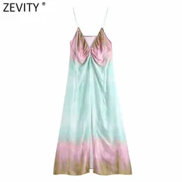 Zevity Women Sexy Pleated Deep V Neck Color Tie Dyed Print Inner Style Sling Dress Female Chic Front Split Summer Vestido DS8145 210603