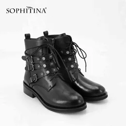 SOPHITINA Brand Woman Shoes Fashion Buckle Lace-up Genuine Leather Ankle Boots Handmade Comfortable Round Toe Zipper Boots PL8 210513