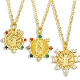 Christianity Saint Benedict Medal Colar com Natural Zircon Stone Luxuoso 18k Gold Plate Gargantilha Fine Jewelry Acessórios