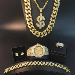 Earrings & Necklace Luxury Men Watch Braclete Ring Earring Combo Set Out Cuban Crystal Miami Neckalce Hip Hop For