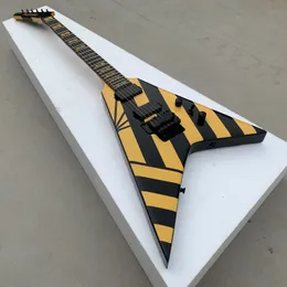 Wash Parallaxe V2FR Michael Sweet Flying V Yellow Stripe Electric Guitar Floyd Rose Tremolo Bridge, Black Hardware, 777 Back Cover