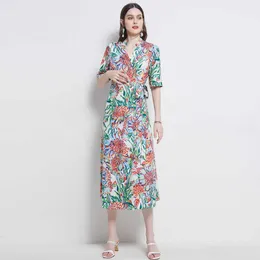Kadınlar Yaz Tasarımcısı Zarif Wrap Elbise Moda Gevşek Rahat Parti Robe Bayanlar Vintage Çiçek Baskı Uzun Elbise Vestidos 210525