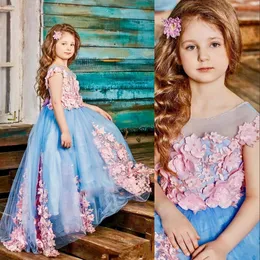 2021 Księżniczka Light Blue Flower Girl Girls Sukienki na Wesela Illusion Neck Różowy 3d Kwiatowe kwiaty Perły Czapki Rękawy Party Urodziny Dress Dzieci Dziewczyna Korowody Suknie