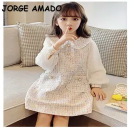 Spring Teenagers Girl Dress Lady Style Long Puff Sleeves Pearl Princess Clothes for Kids E436 210610