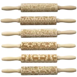 Christmas Wooden Rolling Pin Deeply Engraved Embossing with Deer Pattern for Baking Embossed Cookies Kitchen Tool TX0022