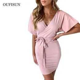 OUFISUN Donne Solido Casual Mini Vestito Sexy V Enck Manica Corta Con Cintura Aderente Elegante Partito Delle Signore es Abiti 210517