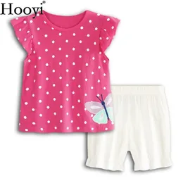 Hot Pink Baby Girl Clothes Suit Dot Butterfly Neonato Set di abbigliamento T-shirt per ragazza Maglioni Pantaloncini Pantaloni Abiti estivi 100% cotone 210413