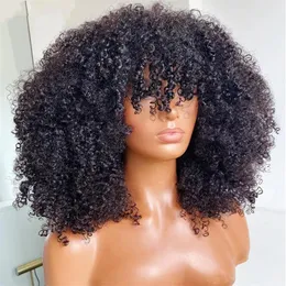 16inch Lace Front Wigs African Heat Resistant Cosplay Hair Short Afro Kinky Curly Wig with Bangs for Black Women HD Seamless Lace Front Wig