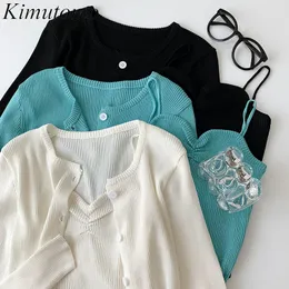 Kimutomo Fashion Suit Kvinnors Vår Koreanska Solid Färg Vacker Tillbaka Camisole Långärmad Cardigan Two Piece Set 210521