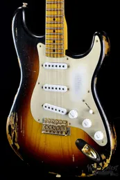 1954 Heavy Relic 60th Rocznica Dwa Tone Sunburst St Electric Guitar Ash Ciała, Nitrocellulose Lacquer Finish, 6 Saddle Tremolo Bridge, Vintage tunery, Gold Hardware