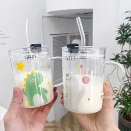 Mugs Cartoon Animal Glass Cup Scaled Transparent Printing Handle Scale Milk Mug With Straw Borosilicate Heat Resistant