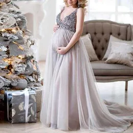 Sexy Maternity Shoot Dress Sequins Tulle Pregnancy Photography Dresses Sleeveless Maxi Gown For Pregnant Women Long Photo Prop Q0713