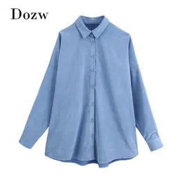 Solidna Koszula Casual Corduroy Kobiety Batwing Z Długim Rękawem Loose Boyfriend Bluzka Wszystkie Dopasuj Panie Topy Tunika Blusas de Mujer 210414