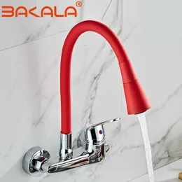 BAKALA RED Farbe Wandmontierter Küchenarmatur Wandküchenmischer Küchenspüle Wasserhahn 360 Grad drehbarer flexibler Schlauch Doppellöcher 210724