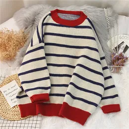 EBAIHUI Women Sweater Striped Casual Loose Pullover O-neck All-match Knitted Top Jumper Fall Long Sleeve Chic Knit Sweaters