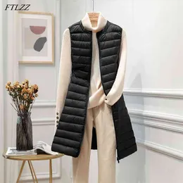 Winter Women Ultra Light Circular Collar Jacket Zipper White Duck Down Meded Long Long Kamizelka Odzież 4XL Plus Size Coat 210430