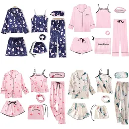 7 SZTUK SILK Kobiety Bielizna Camisole Spodenki Druku Pant Piżamy Blindfold Sleepear Pijams Set Home Cloths for Ladie All Day Pajama X0526