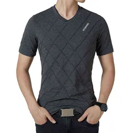 BROWON Marke Sommer Casual T Shirt Männer Kurzarm V-ausschnitt Elastische Rhombische Muster Herren Kleidung 2021 G1229