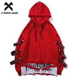 11 BYBBs mörka Harajuku Tröjor Man Sida Ribbons Ripped Fashion Pullover Hoodies Streetwear Sweatshirt Gothic Cloth 210819