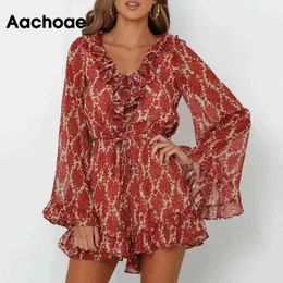 Aachoee Boho Floral Imprimir Playsuit Mulheres Verão Flare Manga Longa Ruffle Party Bodysuit Chic V Neck Chiffon Beach Jumpsuit 210413