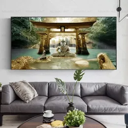 Buddha Wasserfall Poster Leinwand Drucke Religion Malerei Bilder Wand Kunst Für Wohnzimmer Moderne Wohnkultur See Stein Cuadros