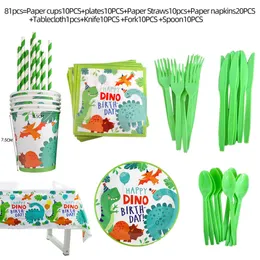 Dinosaur Party Disposable Plates And Cups Set Disposable Tableware Set Cake Topper Dino Balloons Baby Show Kids Birthday Decor 211018