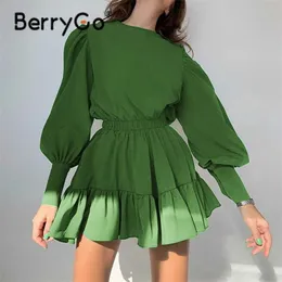 Berrygo College Style Lantern Sleev Ruffled 여성 드레스 녹색 우아한 A 라인 탄성 허리 미니 드레스 여성 솔리드 Vestidos 211206