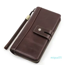 Men's Wallet Mid-length With Wrist Strap And Hand Zipper Bag Tri-fold Solid Color Leather