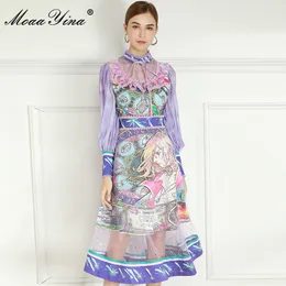 Mode Designer Dress Spring Women's Dress Stand Collar Långärmad Spets Ruffles Anime Print Lolita Style Dresses 210524