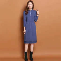 Robe Pull Femme Hiver Lady Korean Style Lace O-neck Long Sleeve Dresses for Women Casual Knee-length Knit Dress Sukienki Damskie 210604