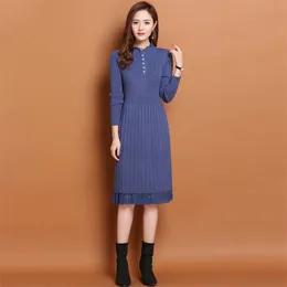 Robe Pull Femme Hiver Lady Koreansk stil Lace O-nacke Långärmad Klänningar för Kvinnor Casual Knee-längd Sticka Klänning Sukienki Damskie 210604