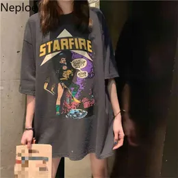 T-shirt de manga curta T-shirt Mulheres Estilo Impresso Mid-Length Loose Tees Ins Super fogo Cec Verão Coreano Coreano Tops 1A387 210422