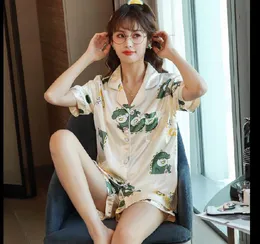 Design Leopard Print Silk Pajamas Sets Home Textile Brand Designer Cartoon Grid Pattern Casual Women Short Sleeve Cardigan Sleepwear Night Clothing