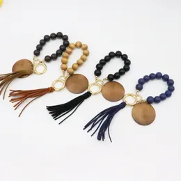 Keychains & Lanyards Foreign trade beaded wood bead bracelet keychain blank disc tassel key ring pendant pure multicolor optional MPXI