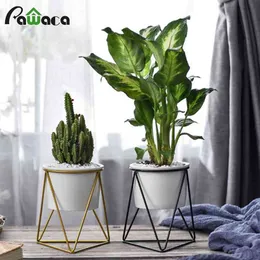 Nordic Style Geometric Iron Rack Holder Metal Stand with Ceramic Planter Desktop Garden Pot for Succulents Plants Home Decor 210401