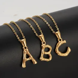 Bamboo Initial Necklace 18K Gold Plated Stainless Steel Letter Pendant Fashion 26 English A-Z Alhpabets Necklaces for Men Women