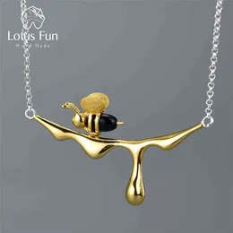 Lotus Fun 18K Gold Bee and Dripping Honey Pendant Necklace Real 925 Sterling Silver Handmade Designer Fine Jewelry for Women 210721